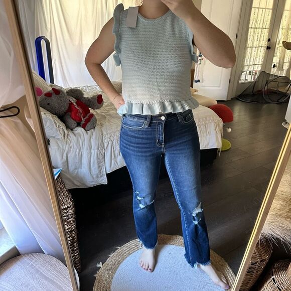 Goodnight Macaroon Women’s Small Blue Crochet Sweater Ruffle Top NWT - Picture 1 of 5